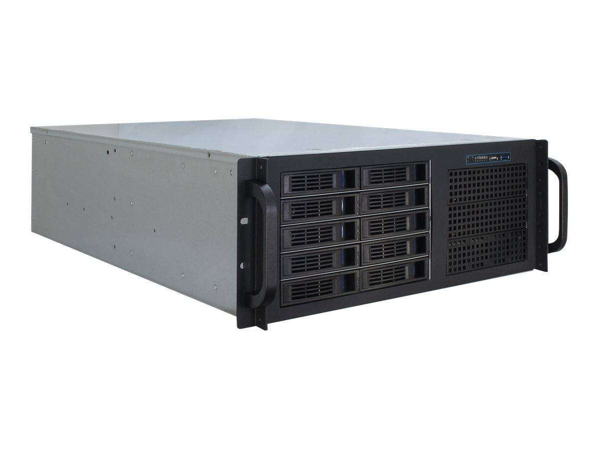 Rackmount-Serverschassis mit mehreren vorderen Laufwerkschächten, Belüftungsgitter und Griff auf weißem Hintergrund.