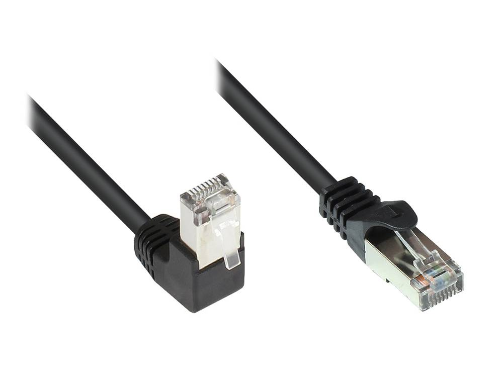Good Connections® Patchkabel, Cat. 5e, F/UTP, 1x 90° nach unten gewinkelt an 1x gerade, schwarz, 0,5m