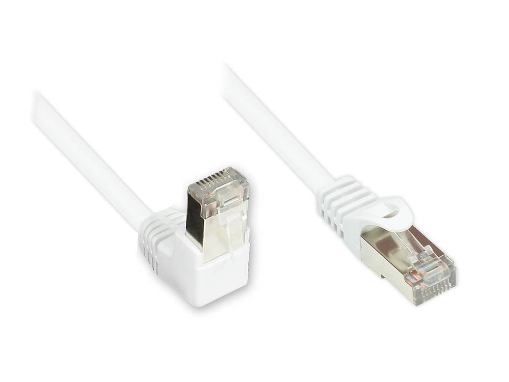 Good Connections® Patchkabel, Cat. 5e, F/UTP, 1x 90° nach unten gewinkelt an 1x gerade, weiß, 0,5m