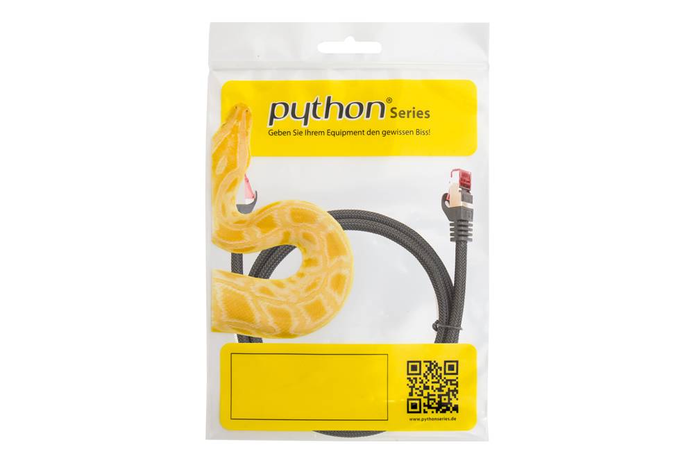 Python® Patchkabel mit Rastnasenschutz und Nylongeflecht, Cat. 6, S/FTP, PiMF, PVC, 250MHz, OFC, schwarz, 0,25m