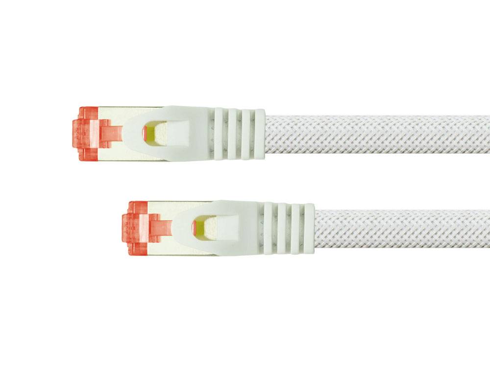 Python® Series Patchkabel mit Rastnasenschutz (RNS®) und Nylongeflecht, Cat. 6, S/FTP, PiMF, PVC, 250MHz, OFC, weiß, 15m