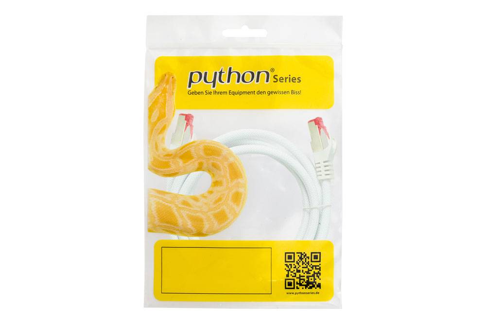 Python® Series Patchkabel mit Rastnasenschutz (RNS®) und Nylongeflecht, Cat. 6, S/FTP, PiMF, PVC, 250MHz, OFC, weiß, 15m
