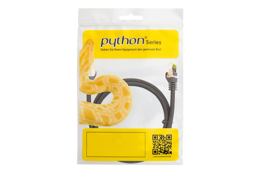 Python® Series RJ45 Patchkabel mit Cat. 7 Rohkabel, und Nylongeflecht, S/FTP, PiMF, 500MHz, OFC, schwarz, 0,25m