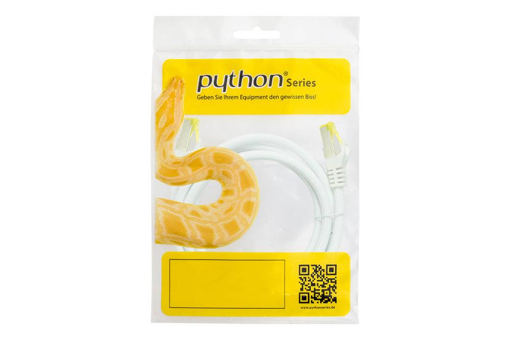 Python® Series RJ45 Patchkabel mit Cat. 7 Rohkabel, und Nylongeflecht, S/FTP, PiMF, 500MHz, OFC, weiß, 1m