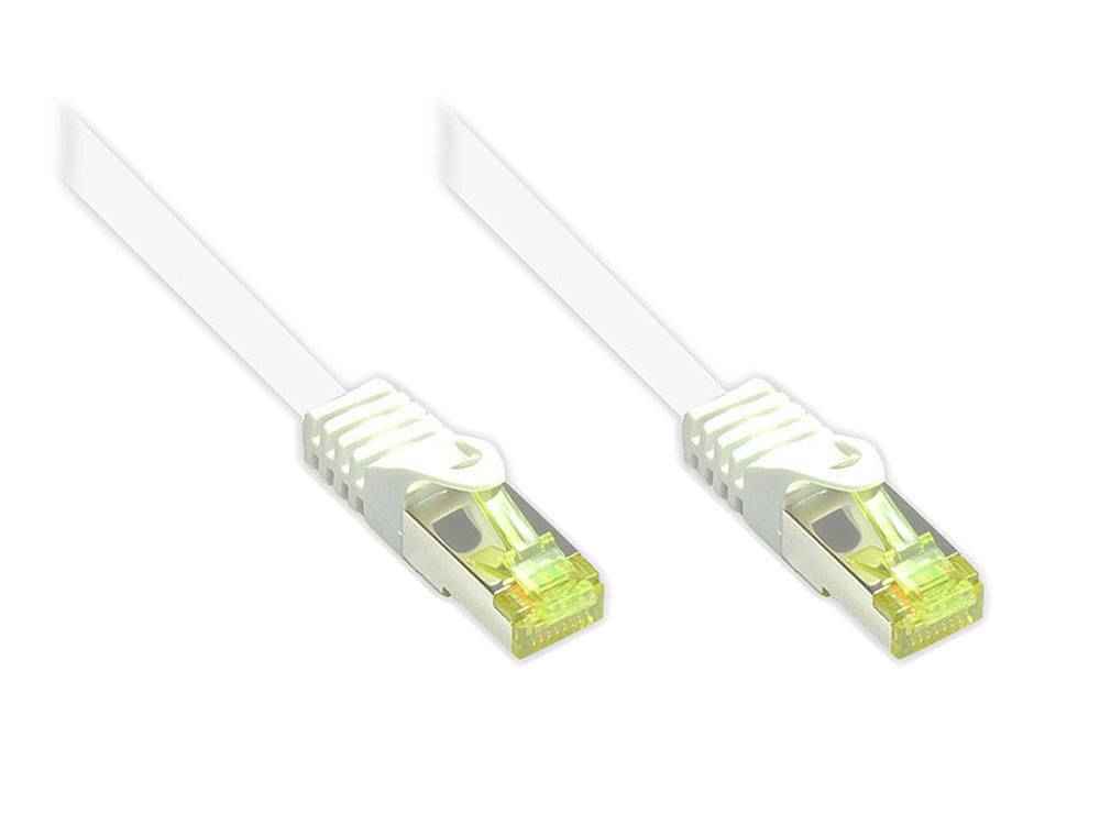 Zwei weiße Ethernet-Kabel mit transparenten RJ45-Steckern auf weißem Hintergrund.