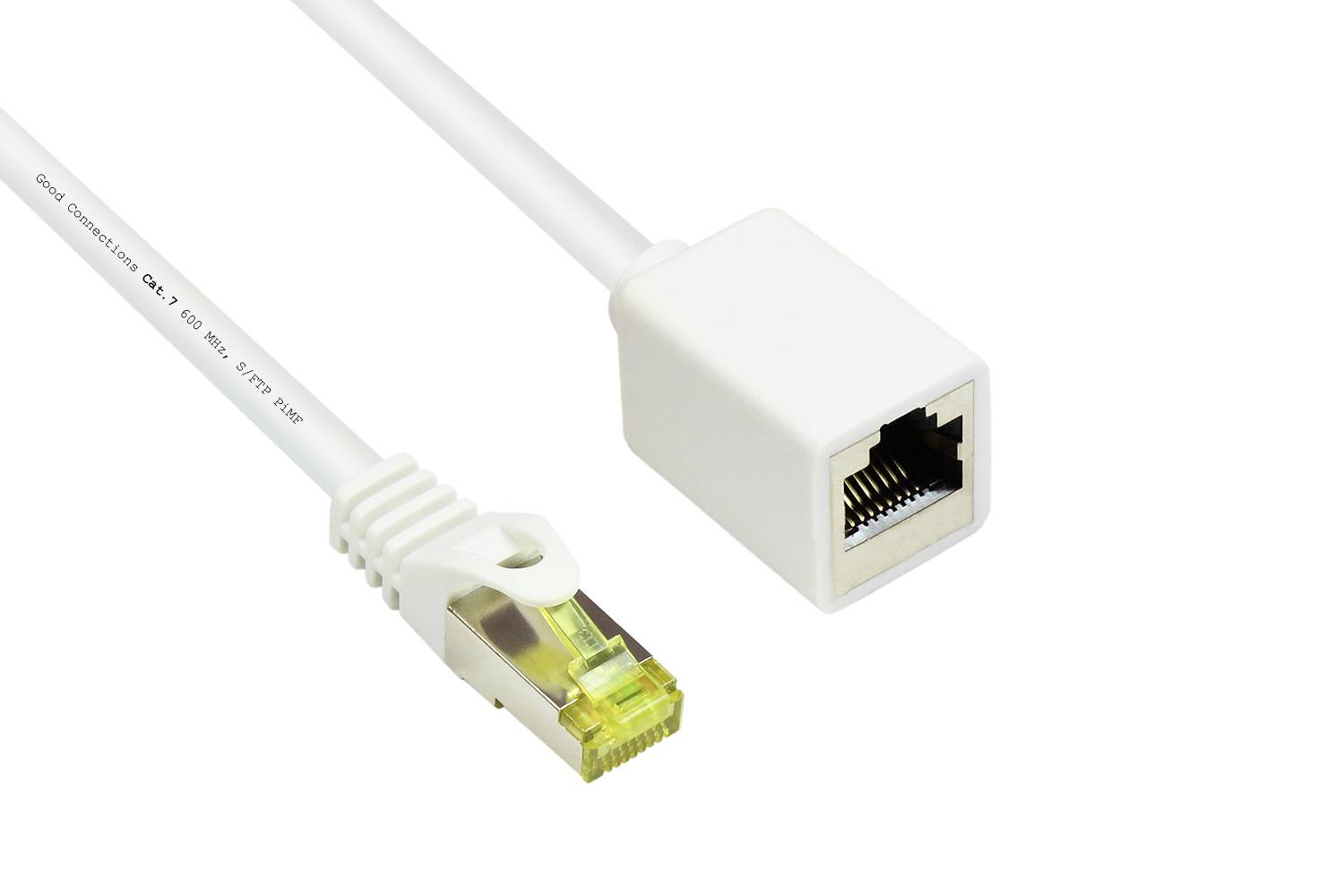 Good Connections® RJ45 Patchkabelverlängerung mit Cat. 7 Rohkabel und Rastnasenschutz, S/FTP, 500MHz, weiß, 3m