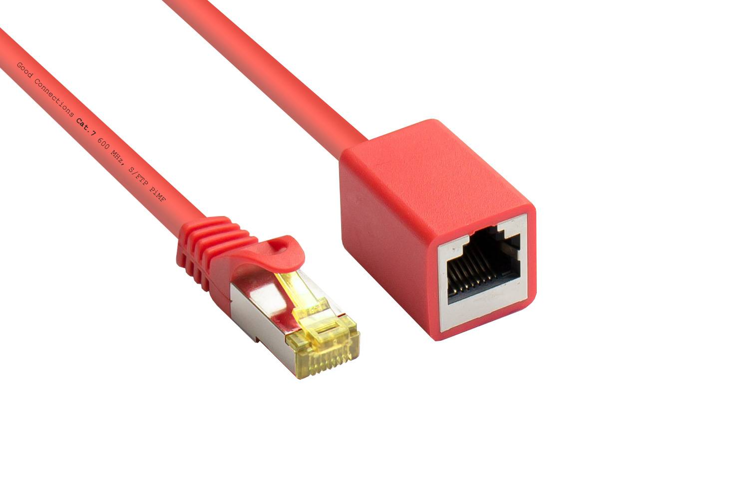 Good Connections® RJ45 Patchkabelverlängerung mit Cat. 7 Rohkabel und Rastnasenschutz, S/FTP, 500MHz, rot, 5m