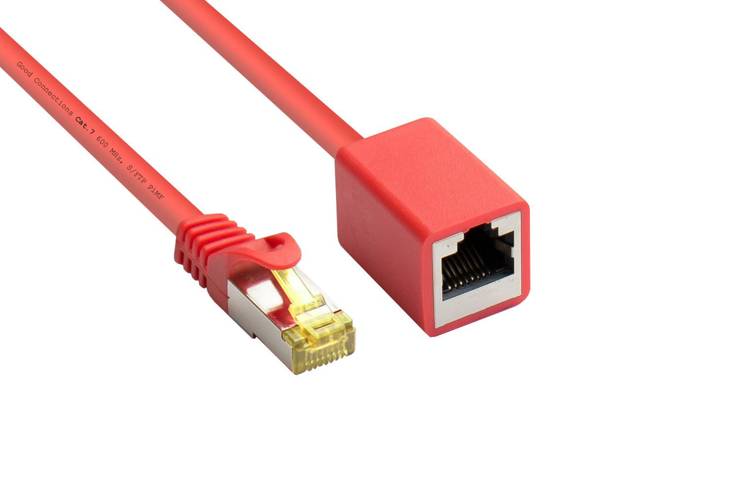 Good Connections® RJ45 Patchkabelverlängerung mit Cat. 7 Rohkabel und Rastnasenschutz, S/FTP, 500MHz, rot, 10m