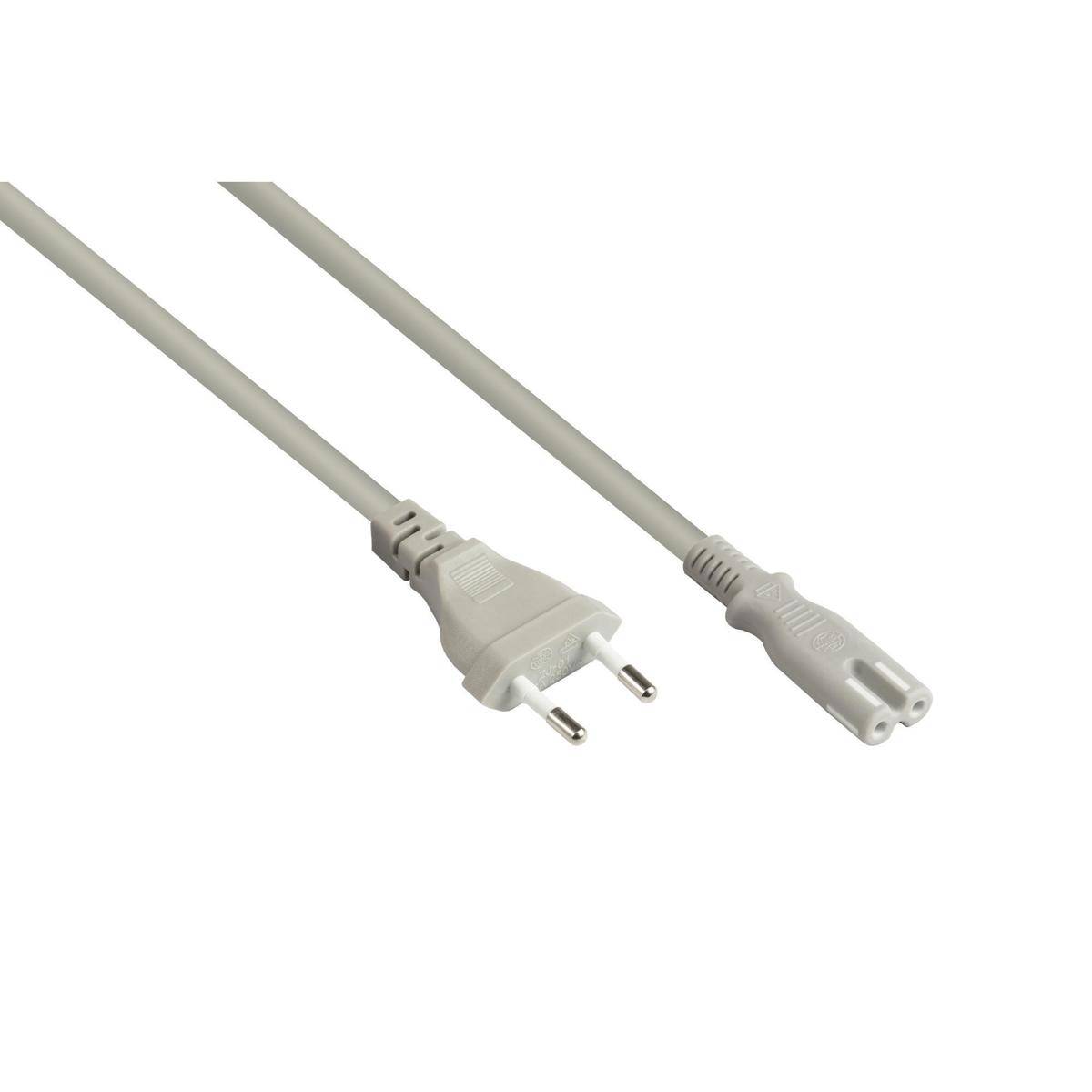 Zwei graue Elektrostromleitungen mit unterschiedlichen Steckern: einer mit europäischem Zweipol-Stecker und einer mit Zweiloch-Gerätestecker.