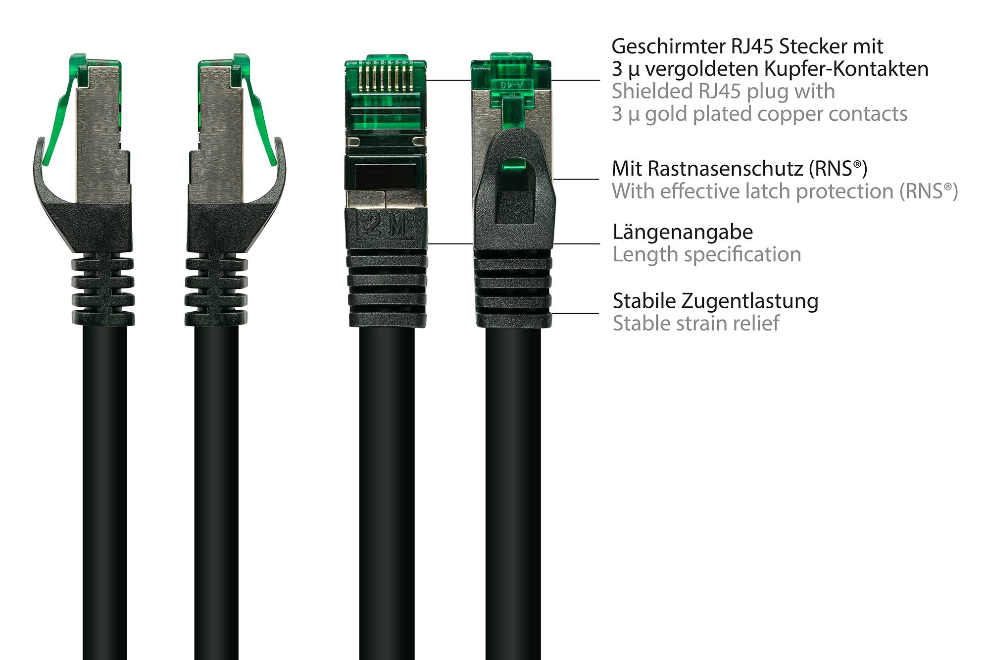 RNS® Patchkabel mit Rastnasenschutz, Outdoor (IP66), Cat.6A, S/FTP, PiMF, 500MHz, CU, schwarz, 40 m, Good Connections®