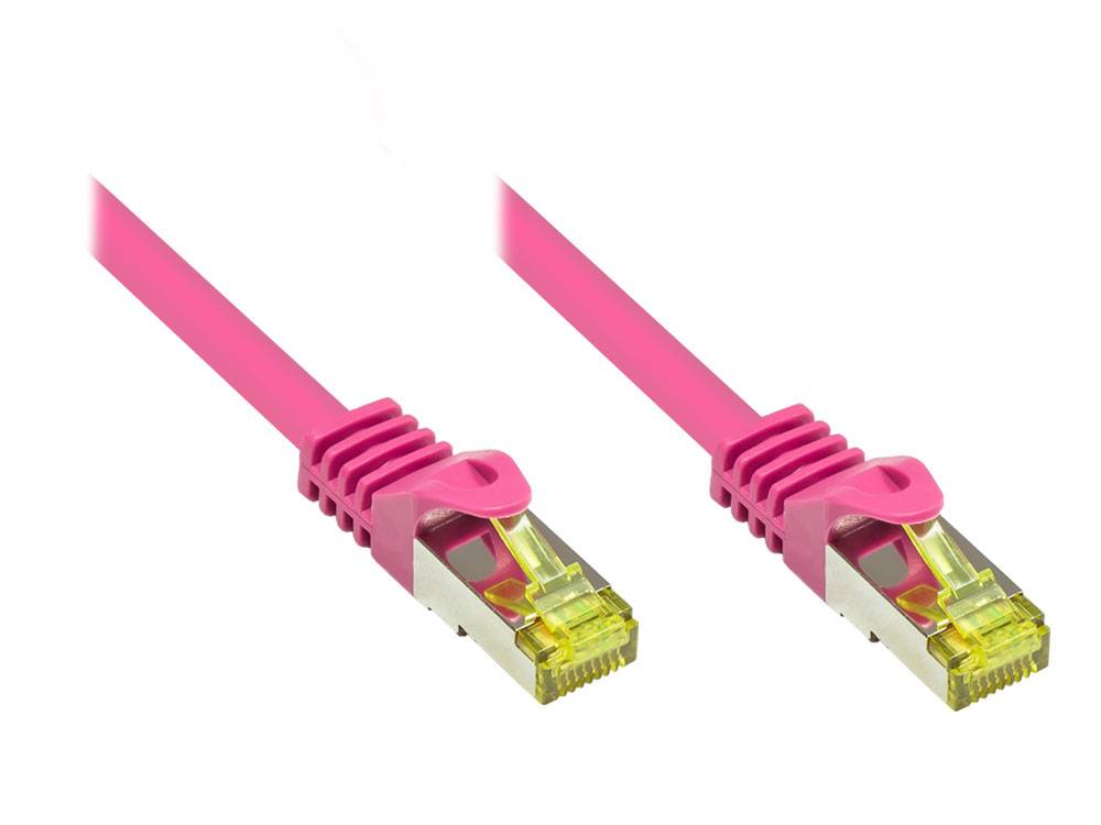 Good Connections® RJ45 Patchkabel mit Cat. 7 Rohkabel und Rastnasenschutz (RNS®), S/FTP, PiMF, 500MHz, magenta, 0,15m