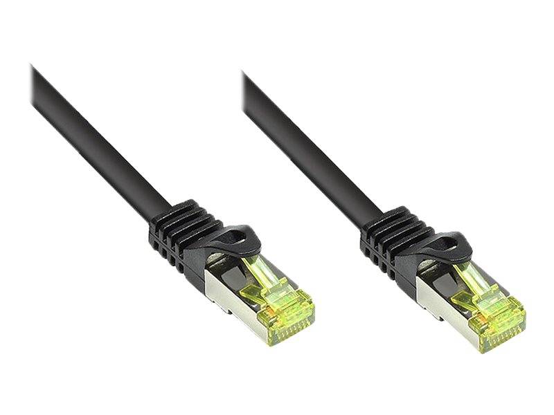 Zwei schwarze Ethernet-Netzwerkkabel mit RJ45-Anschlüssen nebeneinander auf weißem Hintergrund dargestellt.