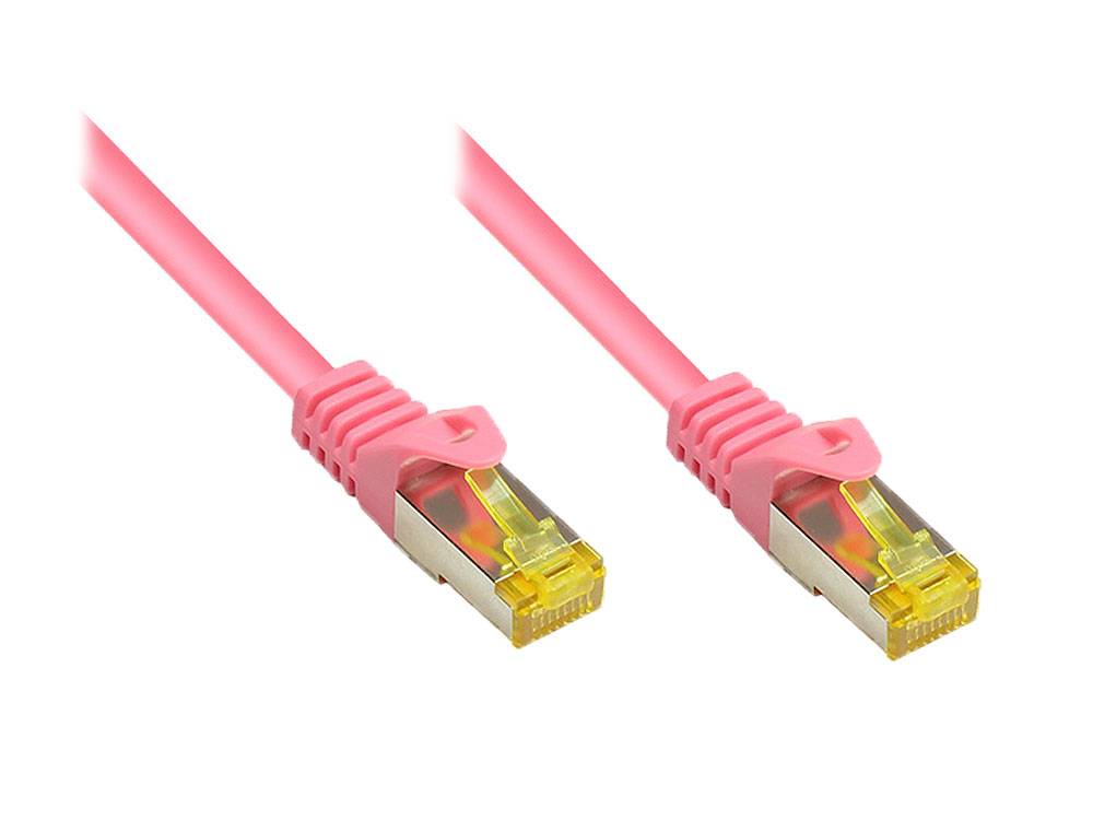 Zwei rosa Ethernet-Kabel mit RJ45-Steckern auf weißem Hintergrund.