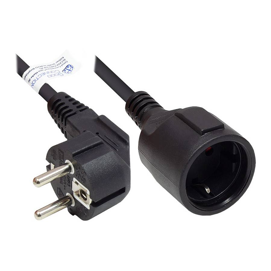 Schwarzes Stromkabel mit europäischem zweipoligem Stecker auf einer Seite und rundem Buchsenstecker auf der anderen Seite.