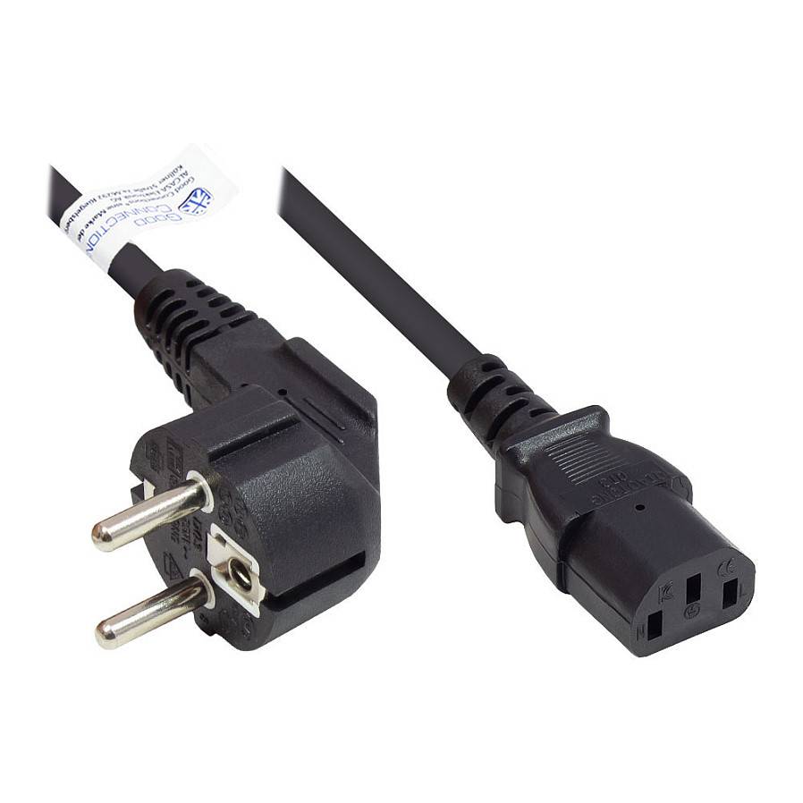 Schwarzes Stromkabel mit europäischem zweipoligem Stecker auf der einen Seite und weiblichem Gerätestecker auf der anderen Seite, dargestellt auf weißem Hintergrund.