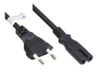 Schwarzes zweipoliges Stromkabel mit europäischem Stecker und IEC-Geräteanschluss auf weißem Hintergrund.