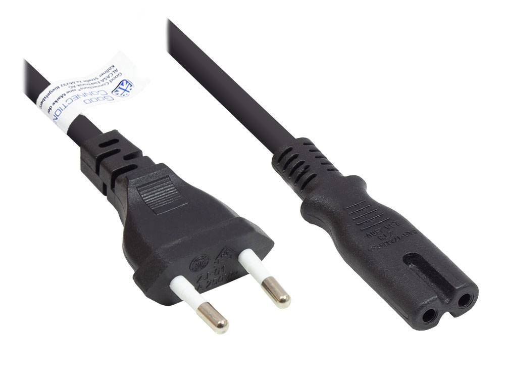 Zwei schwarze Stromkabel: eines mit europäischem Zweipolig-Stecker und eines mit Zweiloch-Geräteanschluss.