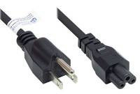 Nahaufnahme eines schwarzen Stromkabels mit einem Standard-Zwei-Pol-Stecker auf der einen Seite und einem Zwei-Loch-Gerätstecker auf der anderen Seite.