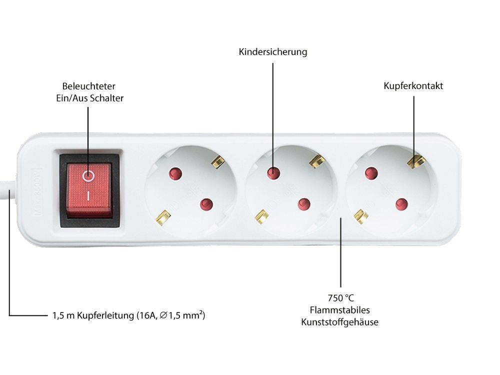 Good Connections® Steckdosenleiste mit Schalter, 3-fach, Schutzkontakt-Stecker an 3x Schutzkontakt-Buchseweiß, 1,5m