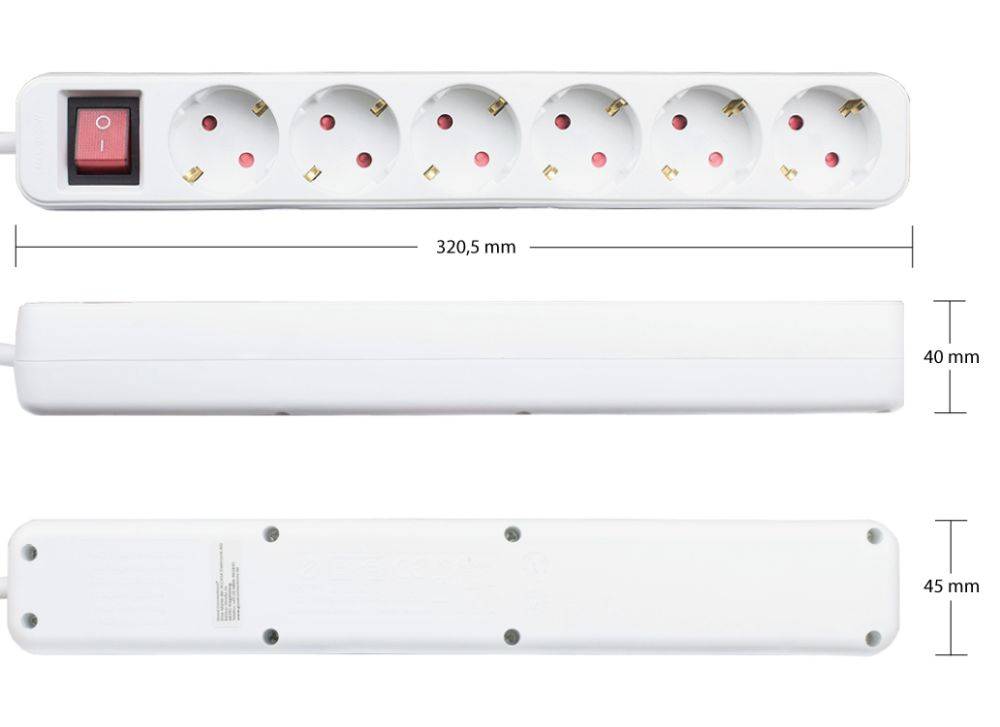 Good Connections® Steckdosenleiste mit Schalter, 6-fach, Schutzkontakt-Stecker an 6x Schutzkontakt-Buchse,weiß, 1,5m