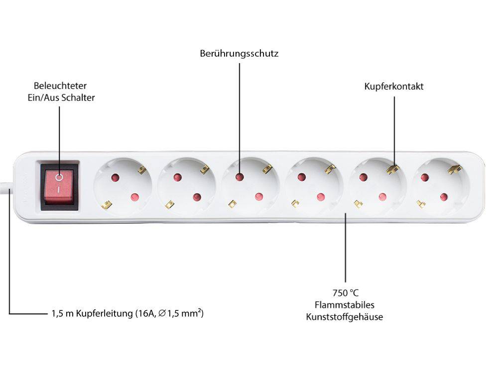 Good Connections® Steckdosenleiste mit Schalter, 6-fach, Schutzkontakt-Stecker an 6x Schutzkontakt-Buchse,weiß, 1,5m