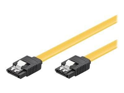 Zwei gelbe Ethernet-Kabel mit schwarzen RJ45-Steckern auf weißem Hintergrund gezeigt.