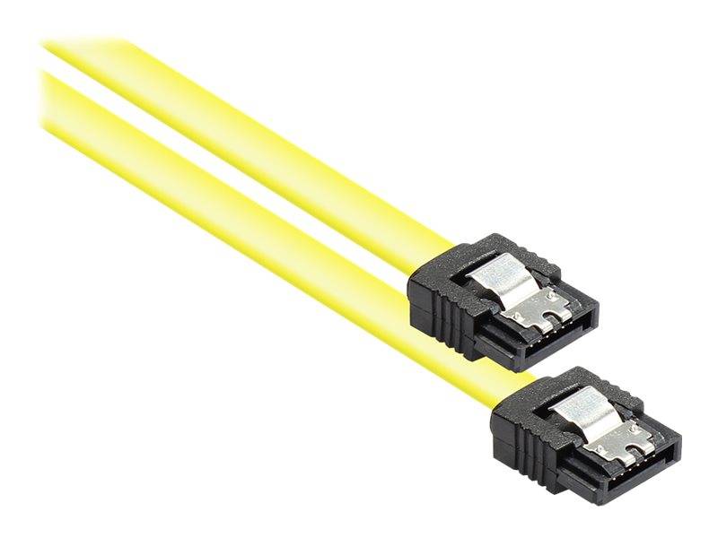Zwei helle gelbe SATA-Datenkabel mit schwarzen Steckern auf weißem Hintergrund.