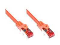 Zwei rote Ethernet-Kabelstecker mit angebrachten orangefarbenen Kabeln nebeneinander auf weißem Hintergrund dargestellt.