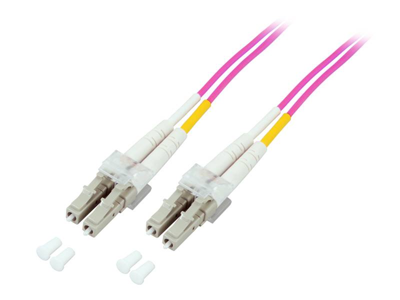Zwei rosa Faser-Duplex-Optikverbinder mit beigen Enden und Schutzdeckeln auf weißem Hintergrund.