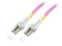 Zwei rosa Lichtwellenleiterkabel mit Duplexverbindern und kleinen Schutzkappe auf weißem Hintergrund.