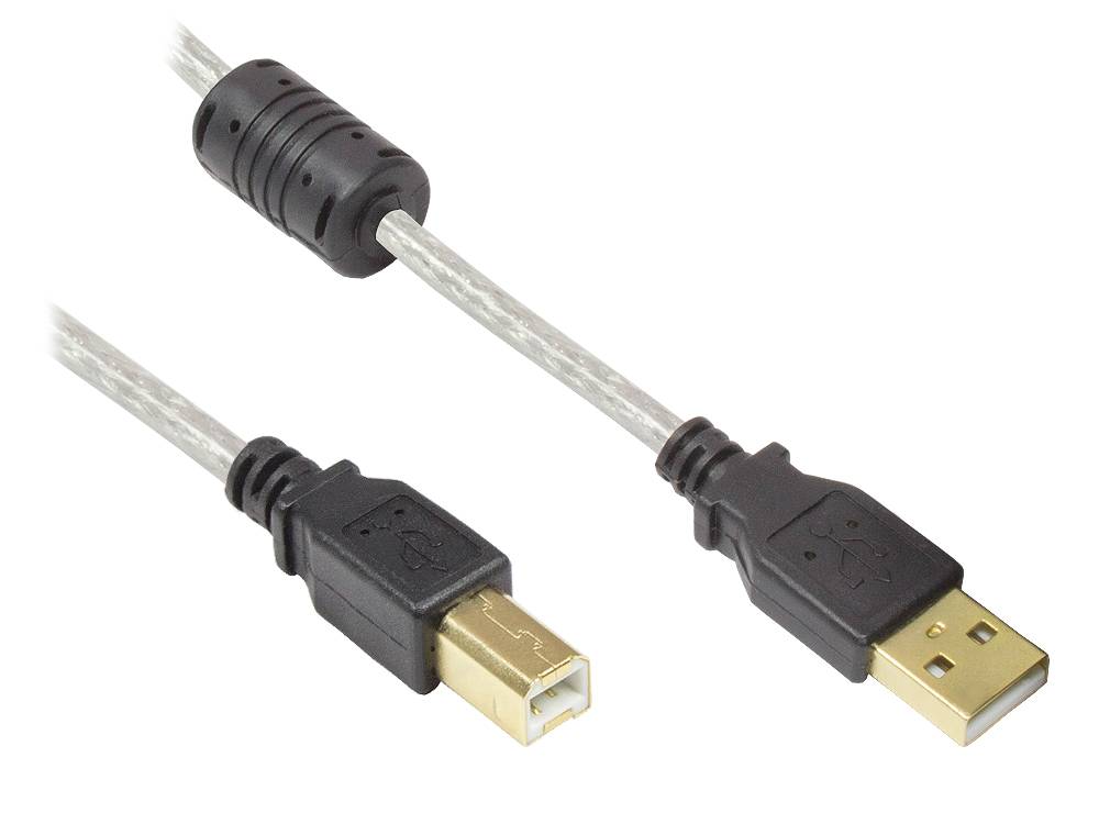 Good Connections® Anschlusskabel USB 2.0 Stecker A an Stecker B, High Quality mit Ferritkern, transparent, 5m