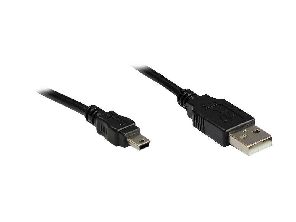 Schwarzes USB-Kabel mit einem kleineren Mini-USB-Anschluss an einem Ende und einem Standard-USB-A-Stecker am anderen Ende, gezeigt auf weißem Hintergrund.