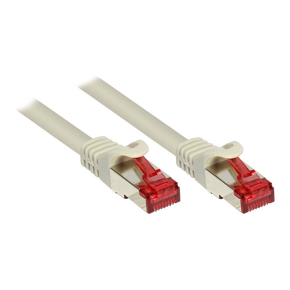 Zwei beige Ethernet-Kabel mit roten RJ45-Steckern auf weißem Hintergrund.