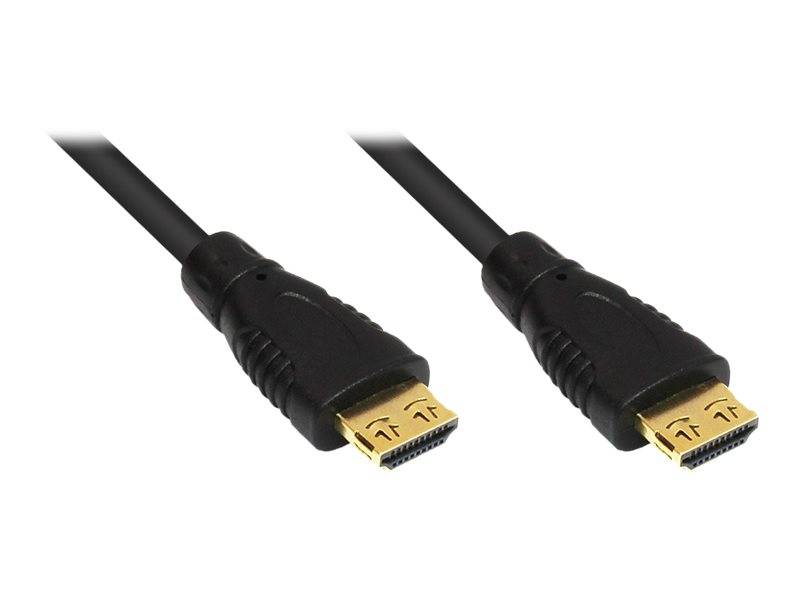 Zwei schwarze HDMI-Kabel mit vergoldeten Steckern, die nebeneinander auf weißem Hintergrund gezeigt werden.