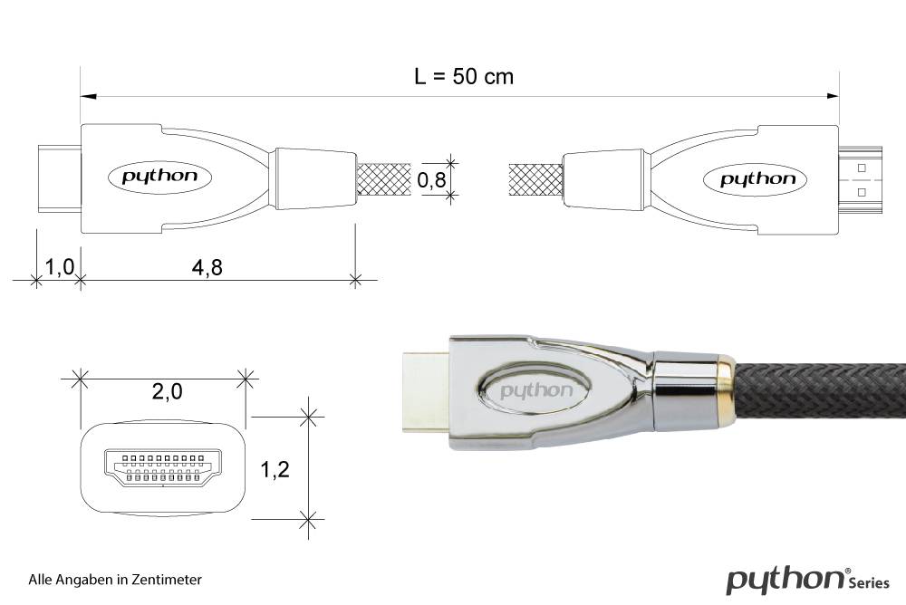 Python® Series Anschlusskabel HDMI® 2.0 Kabel 4K2K / UHD 60Hz, Nylongeflecht schwarz, 0,5m