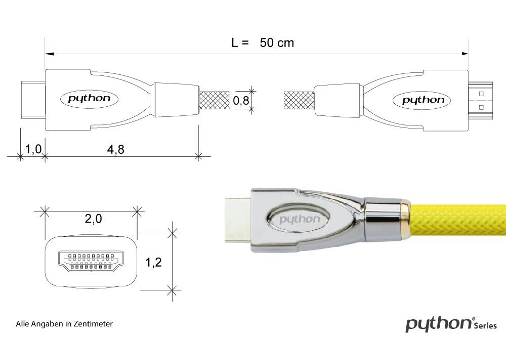 Python® Series Anschlusskabel HDMI® 2.0 Kabel 4K2K / UHD 60Hz, 24K vergoldete Kontakte, OFC, Nylongeflecht gelb, 0,5m