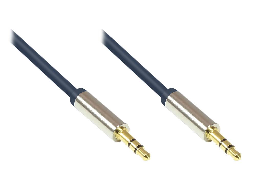 Zwei vergoldete 3,5-mm-Audioklinkenverbinder auf schwarzen Kabeln, nebeneinander auf weißem Hintergrund dargestellt.