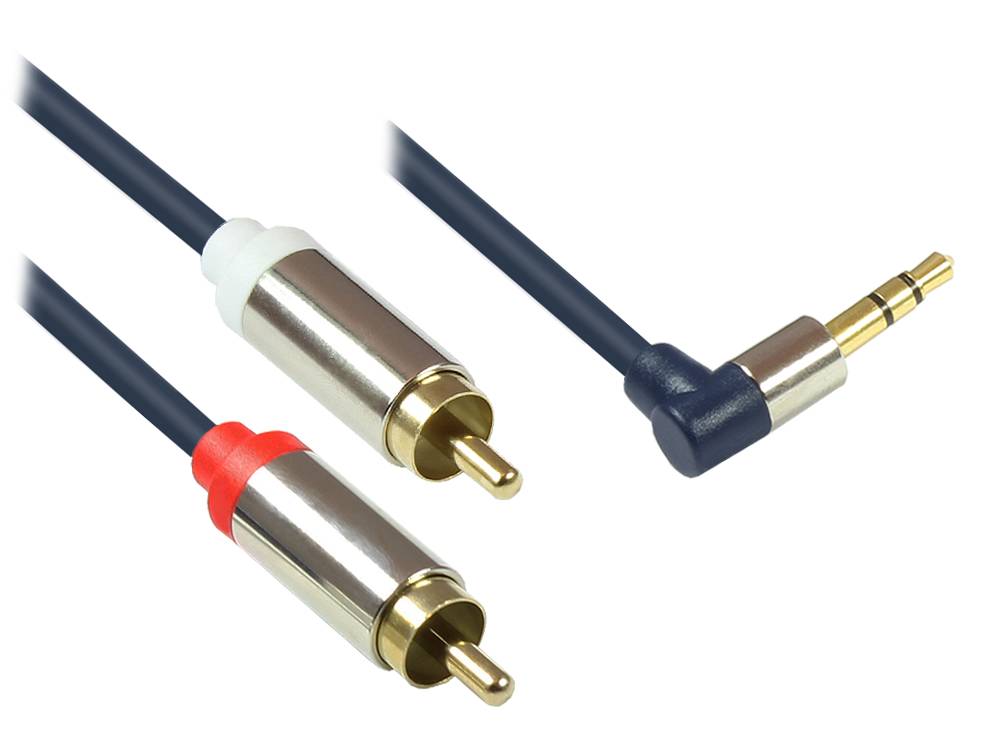 Good Connections® Audio Anschlusskabel High-Quality 3,5mm, Klinkenstecker rechts abgew. an 2x RCA, dunkelblau, 2m