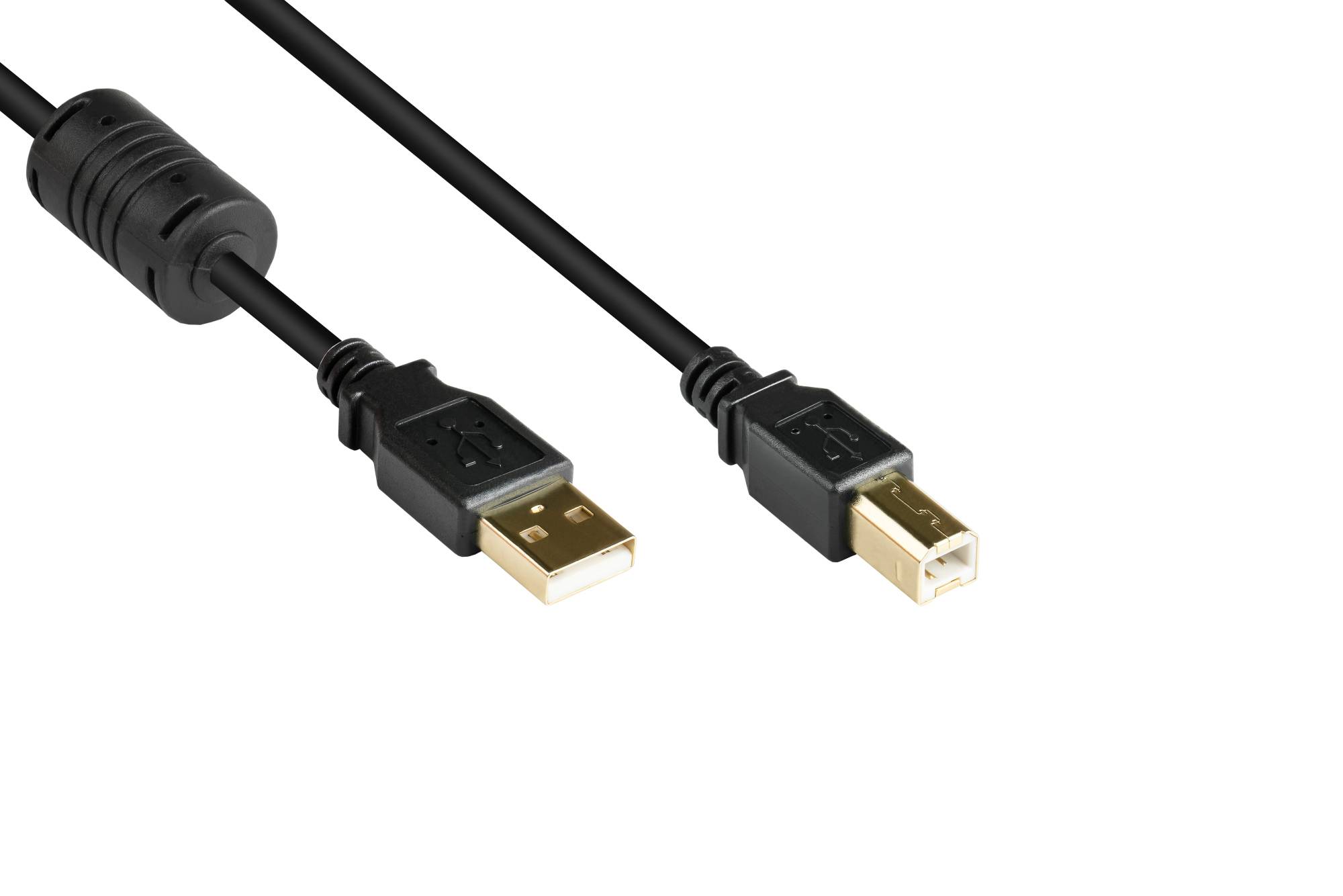 Anschlusskabel USB 2.0 Stecker A an Stecker B, mit Ferritkern, vergoldet, schwarz, 3m, Good Connections®