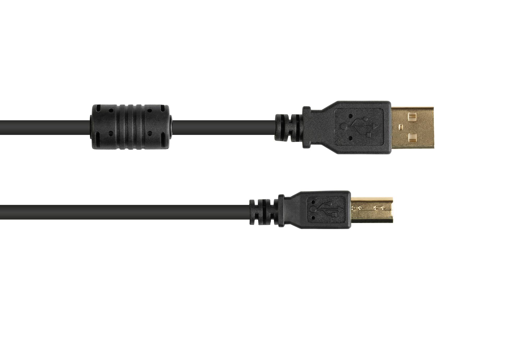 Anschlusskabel USB 2.0 Stecker A an Stecker B, mit Ferritkern, vergoldet, schwarz, 0,5m, Good Connections®