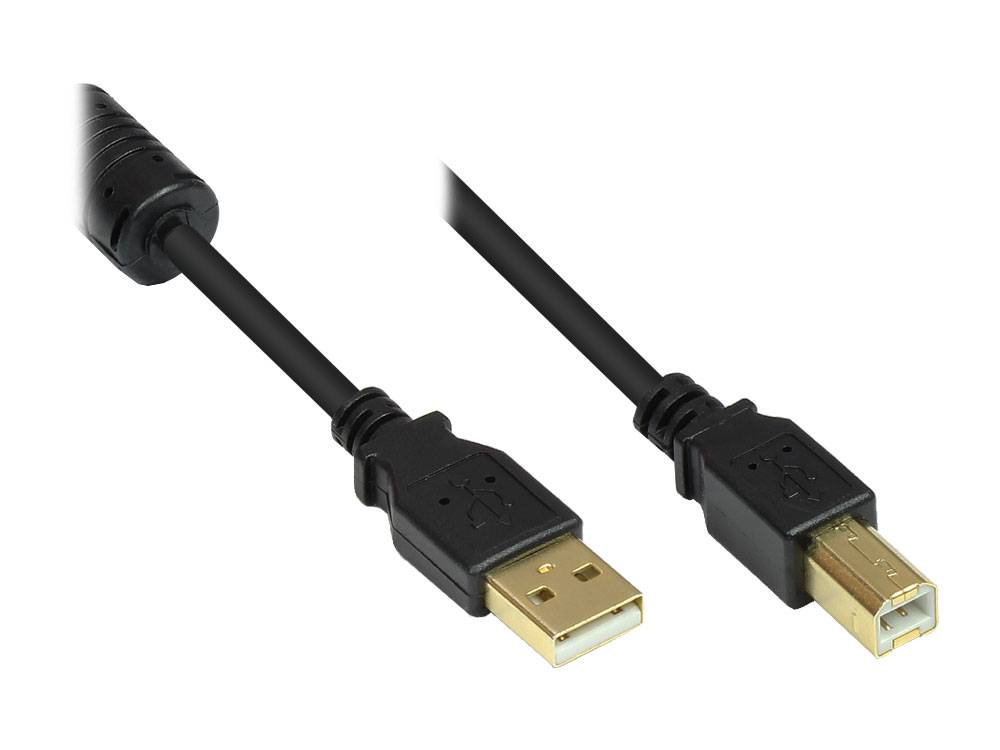 Good Connections® Anschlusskabel USB 2.0 Stecker A an Stecker B, mit Ferritkern, vergoldet, schwarz, 5m