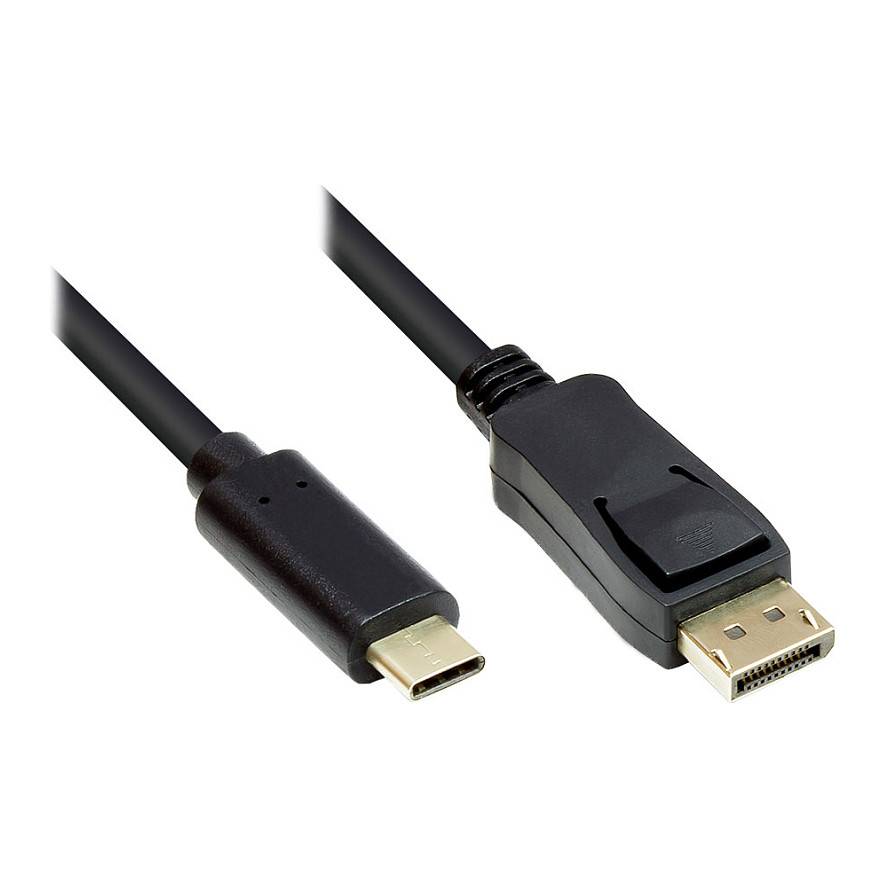 USB-C-Stecker und DisplayPort-Stecker-Kabel nebeneinander auf weißem Hintergrund gezeigt.