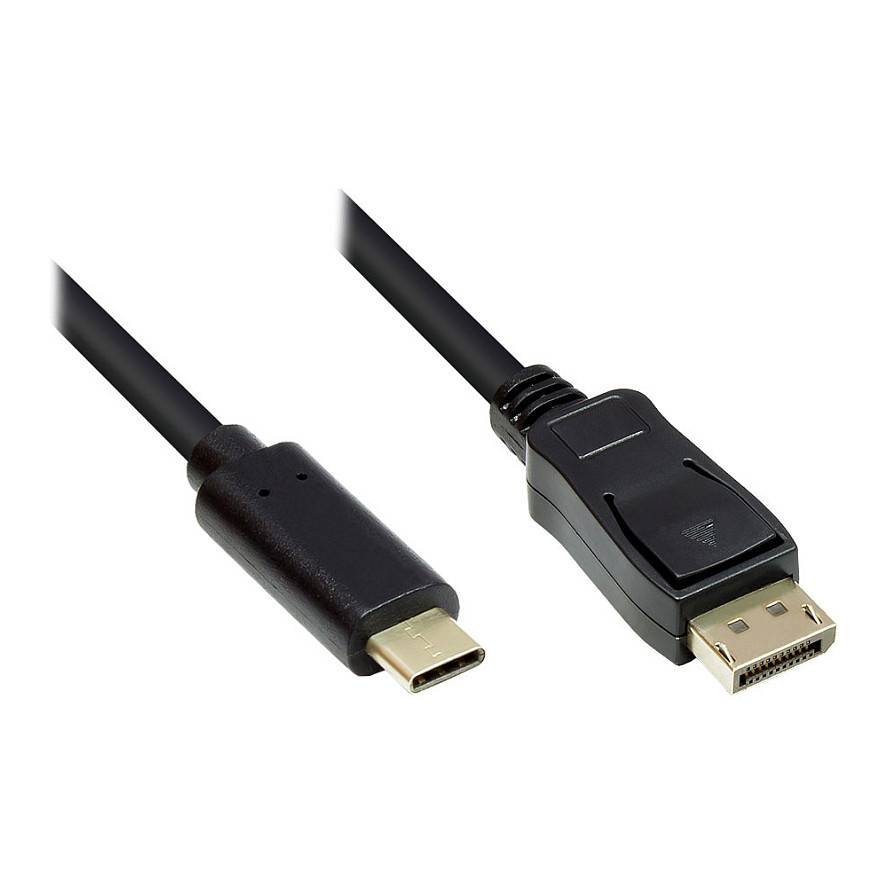 Zwei schwarze Kabel mit unterschiedlichen Anschlüssen: USB-C auf der linken Seite und DisplayPort auf der rechten Seite, dargestellt auf weißem Hintergrund.