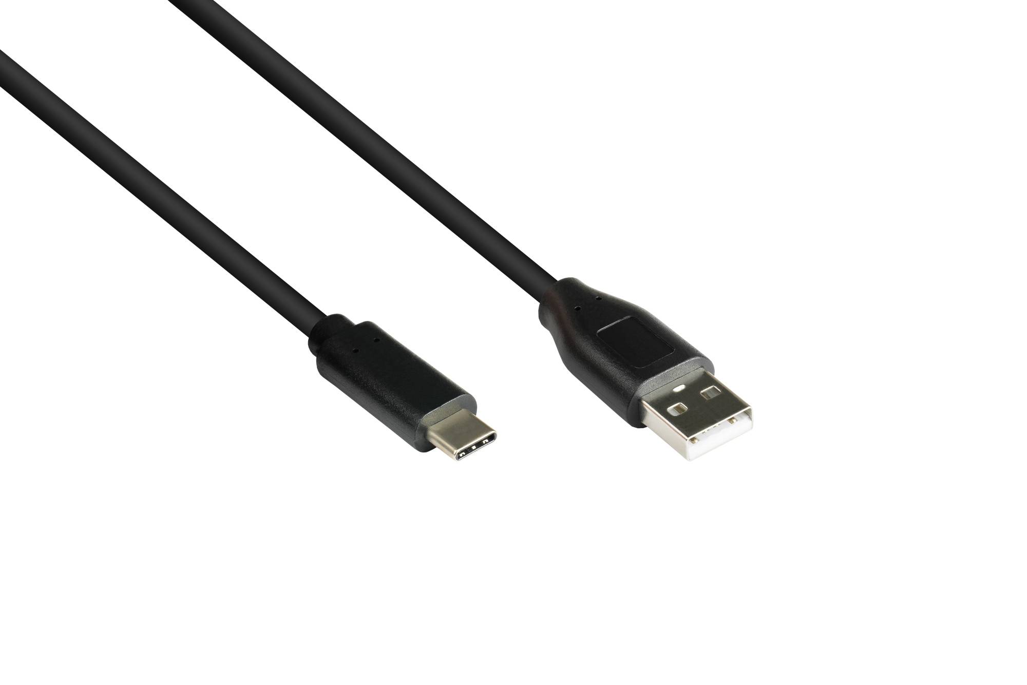Nahaufnahme eines schwarzen USB-Kabels mit USB-C an einem Ende und standardmäßigem USB-A am anderen Ende.