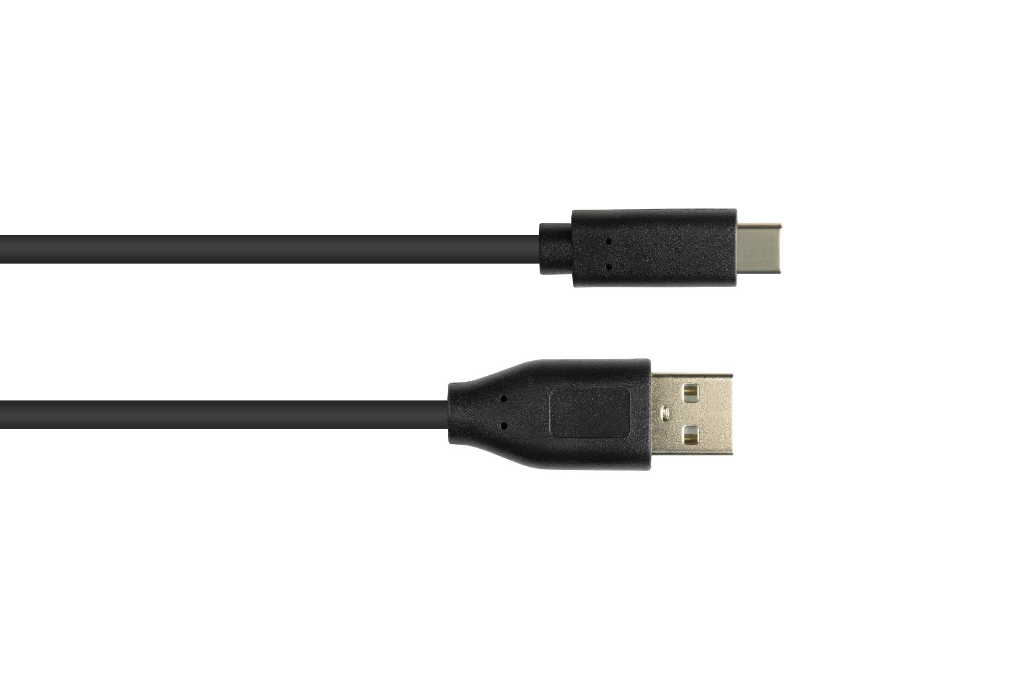 Zwei schwarze USB-Kabel nebeneinander gezeigt, jedes mit einem USB-A-Stecker auf einer Seite und einem kleineren USB-C-Stecker auf der anderen Seite.