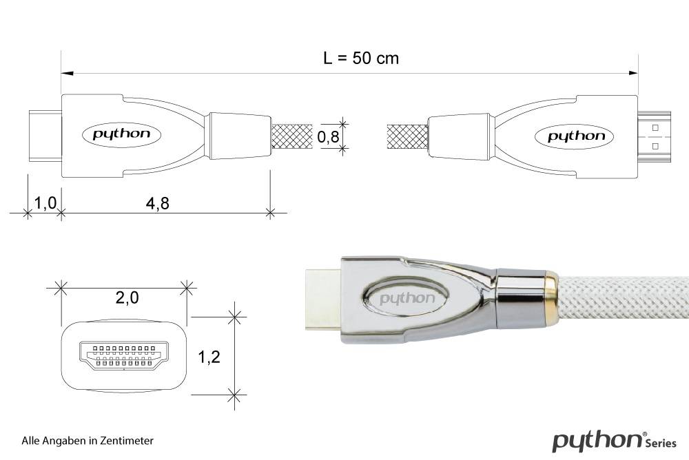 Python® Series Anschlusskabel HDMI® 2.0 Kabel 4K2K / UHD 60Hz, 24K vergoldete Kontakte, OFC, Nylongeflecht weiß, 0,5m