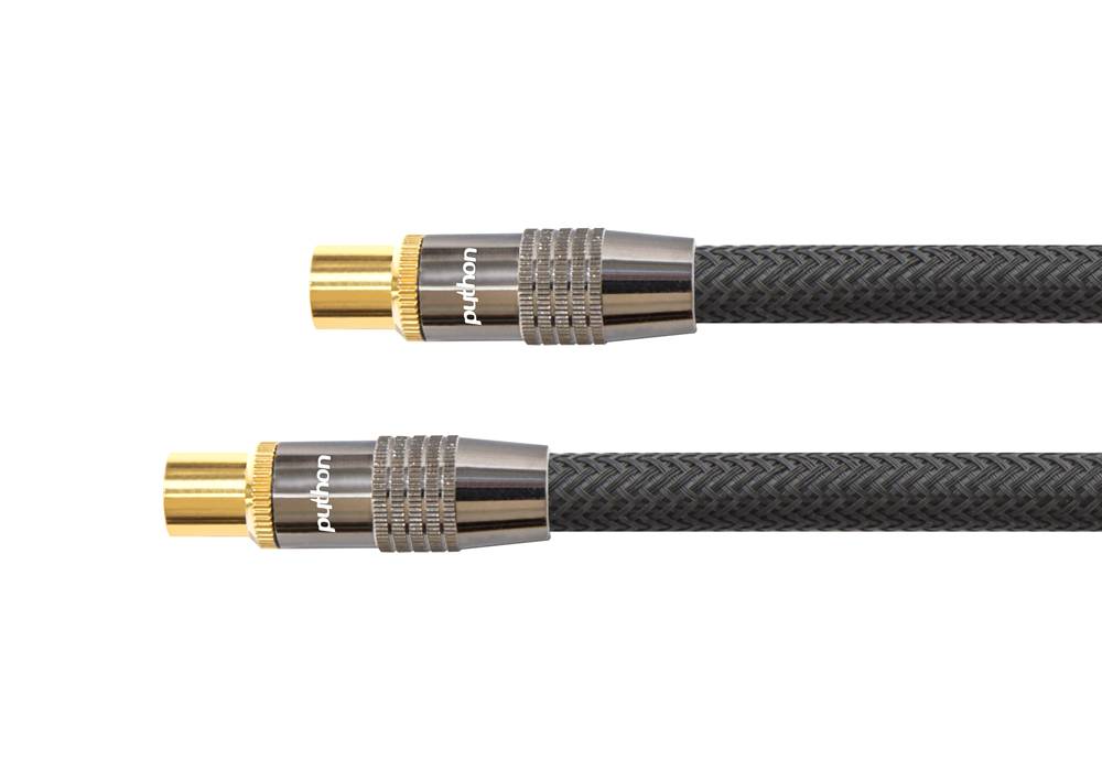 Python® Series Antennenkabel, IEC/Koax Stecker an Buchse, vergoldet, Schirmmaß 120 dB, Nylongeflecht schwarz, 1m