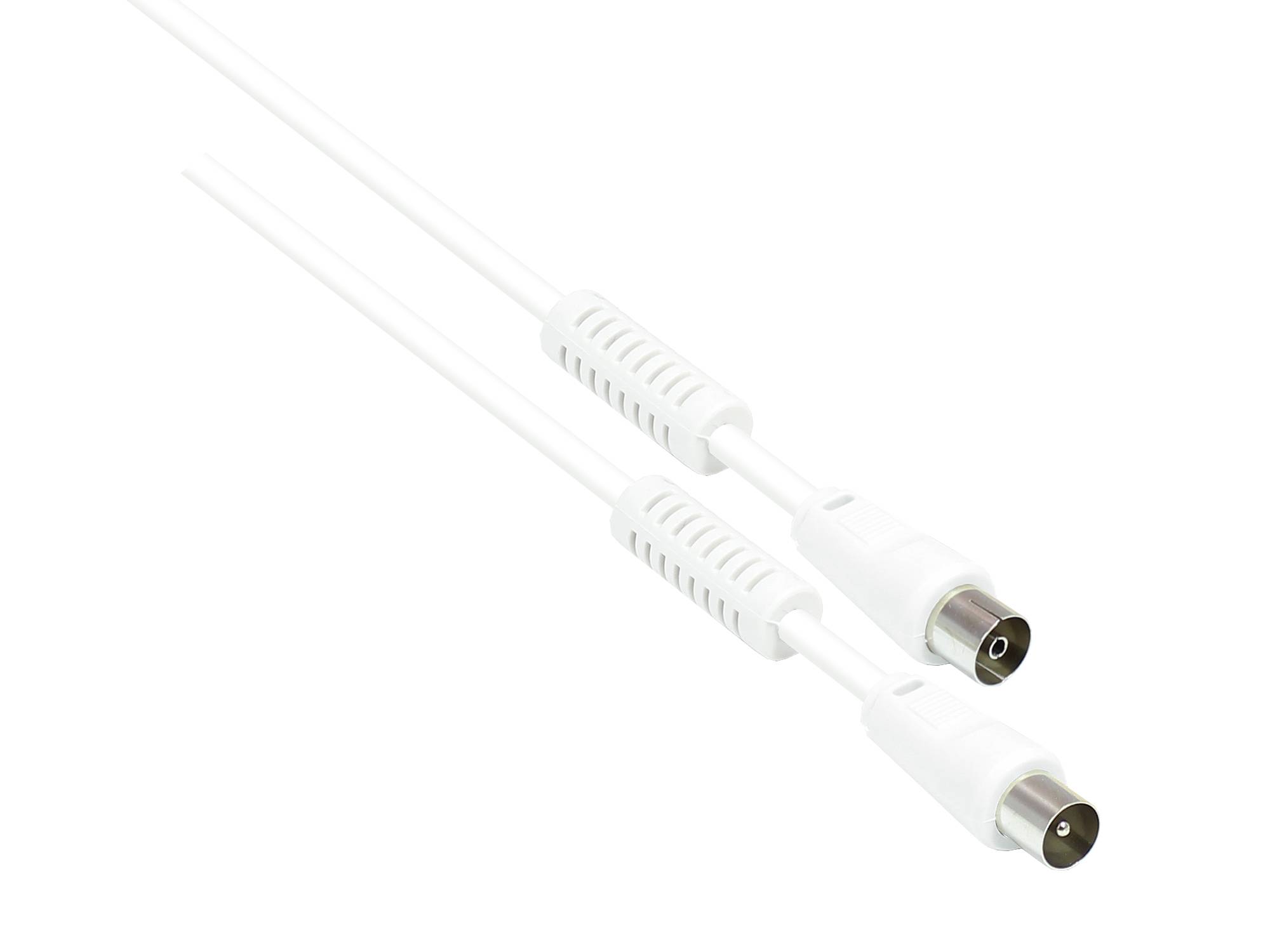 Zwei weiße koaxiale Kabel mit Steckern auf weißem Hintergrund.