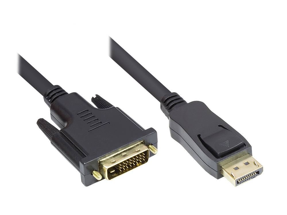 Zwei Computeranzeigekabel mit Steckern: ein DVI-Stecker links und ein DisplayPort-Stecker rechts.