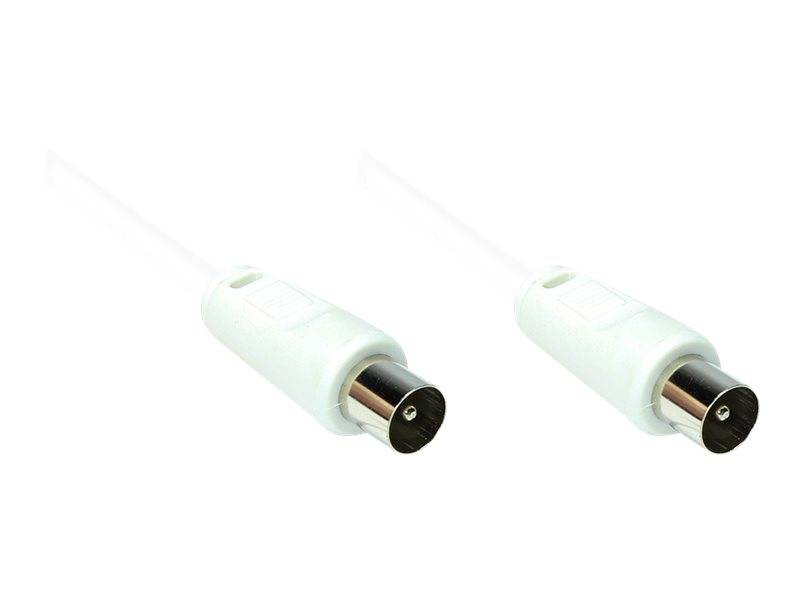 Zwei weiße koaxiale Kabelstecker auf einfachem Hintergrund, nebeneinander dargestellt.